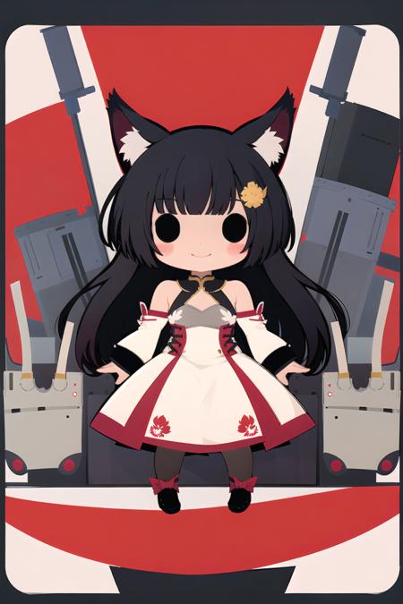 assembly, 1girl, animal ears, long hair, black hair, hair ornament, chibi, solo, smile, dress, nagato (azur lane), detached sleeves, fox ears, turret, black eyes, flat color <lora:arkblock:1>