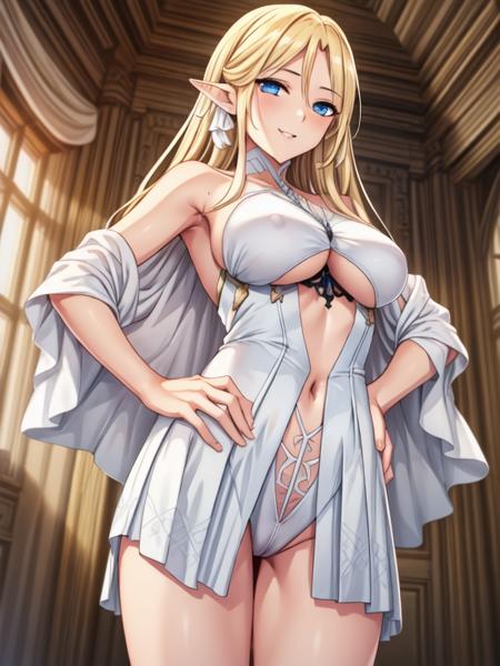 brest,blonde hair,blue eyes,pointy ears, white dress, see-through, leotard, highlights eye,