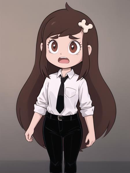 1girl, mariposa diaz, very long hair, brown hair, bone hair ornament, open mouth, white shirt, black necktie, black pants,