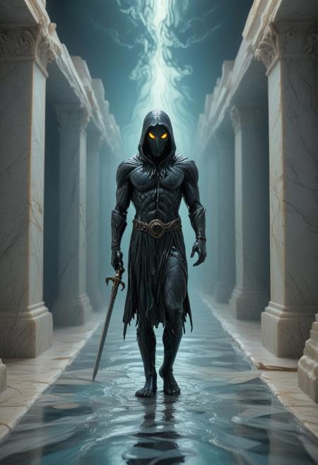 <lora:GeekyXL_Liquid_Marble:0.8>, liquid marble, wolveverine man with sword bio-luminescence walking down a long corridor, central perspective, large eye (teal green iris, orange-yellow pupil) hovering above, dripping liquid, ancient stone architecture, cracked sidewalk, dramatic lighting, warm and cool color palette, stylized digital art, detailed clothing, shadow of a silhouette on the sidewalk, horizontal composition, intriguing atmosphere (lines bold: 1.2), (geometric motifs in an arcade: 1.1).