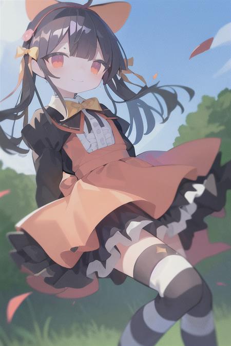 <lora:DaizuV1:.85>, daizu, (striped_thighhighs), dress, frills,  (best quality, masterpiece), 1girl, pose, particle, wind, flower, looking at viewer, focus on face, smile, black_hair, red_eyes, smile, blush. outdoors, park, standing,