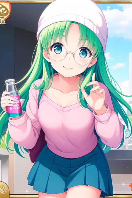 (masterpiece, best quality), highly detailed background, perfect lightingbest quality, yukawakise, solo, cabbie hat, hat, green hair, ahoge, long hair, glasses, coke-bottle glasses, opaque glasses, round eyewear, sweater, jacket, white shirt, blue skirt, pleated skirt, smile, closed mouth, pink lips, <lora:Yukawa-Kise:0.7>