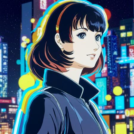 (double exposure:1.3),
Anime, best quality, 1girl, city pop, night, neon light, looking at another, upper body, vector illustration, jacket, light smile, blunt bangs, long hair
anime by Osamu Tezuka, 80s, 
(film still, image still),

complex stuff background, 