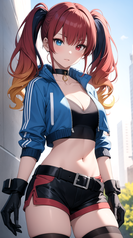 (masterpiece, best quality), 1girl, bangs, belt, blue eyes, blue hair, breasts, cleavage, collarbone, choker, gloves, gradient, gradient hair, heterochromia, jacket, looking at viewer, makeup, multicolored hair, navel, red eyes, red gloves, red hair, short shorts, shorts, solo, thighhighs, twintails, long hair, outdoors,