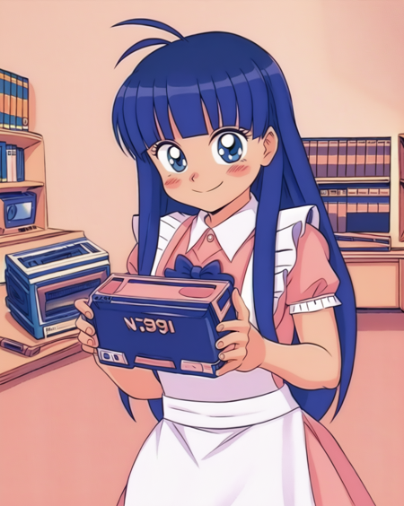 (nostal_gi:1.2) human female, long hair, blush stickers, smile, blue eyes, blue hair, [pink dress:(white apron), blunt bangs:6], white apron, collared dress, blue bow, blue button, (holding vhs tape:1.2), vcr, (crt tv:1.2), couch, bookshelf, manga, game cartridge, 1990s, telephone,
 solo, indoors, antenna hair
<lora:nostal-gi:1> <lora:hll6.3-fluff-a8:0.8>