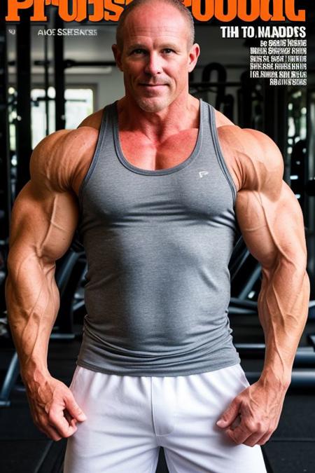 professional photoshoot Bodybuilding Magazine style of: 45yo man, bodybuilder,  sleeveless tank top, the hands must be well represented, the hands must have five fingers, the hands must be anatomically correct, the hands must be well proportionated