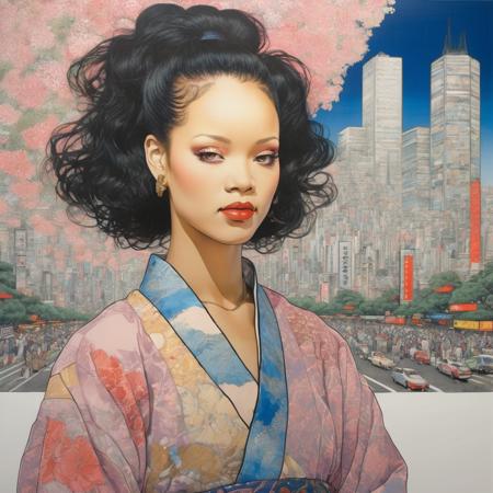 beautiful (rhwx woman) in Tokyo in the 80s, pastel, tin contour, watercolor, flat, paint strokes, colorful patterns, by yoshitaka amano, by Takato Yamamoto
