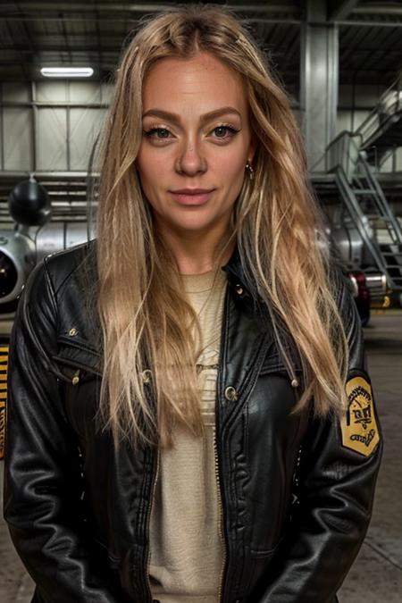 <lora:Cherry_Healey:1> masterpiece, best quality, detailed face, 1girl, solo, realistic, c1873h, long blonde_hair, gangster costume ,  airfield , day