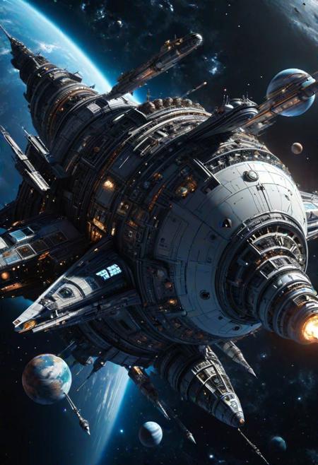 a photo of a ral-frctlgmtry spaceship navigateing in space with planets and galaxies in the background, highly detailed, intricate design, high quality, 8k, cinematic, epic, ray tracing, deep shadows, dark fantasy
