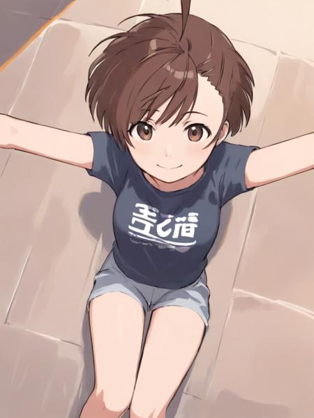 <lora:comiclo_xl:1>,1girl,solo,short hair,sitting,brown hair,smile,from above,hand between legs,brown eyes,between legs,looking up,v arms,antenna hair,t-shirt,black eyes,looking at viewer,shirt,between thighs,kikuchi makoto,short sleeves,clothes writing,