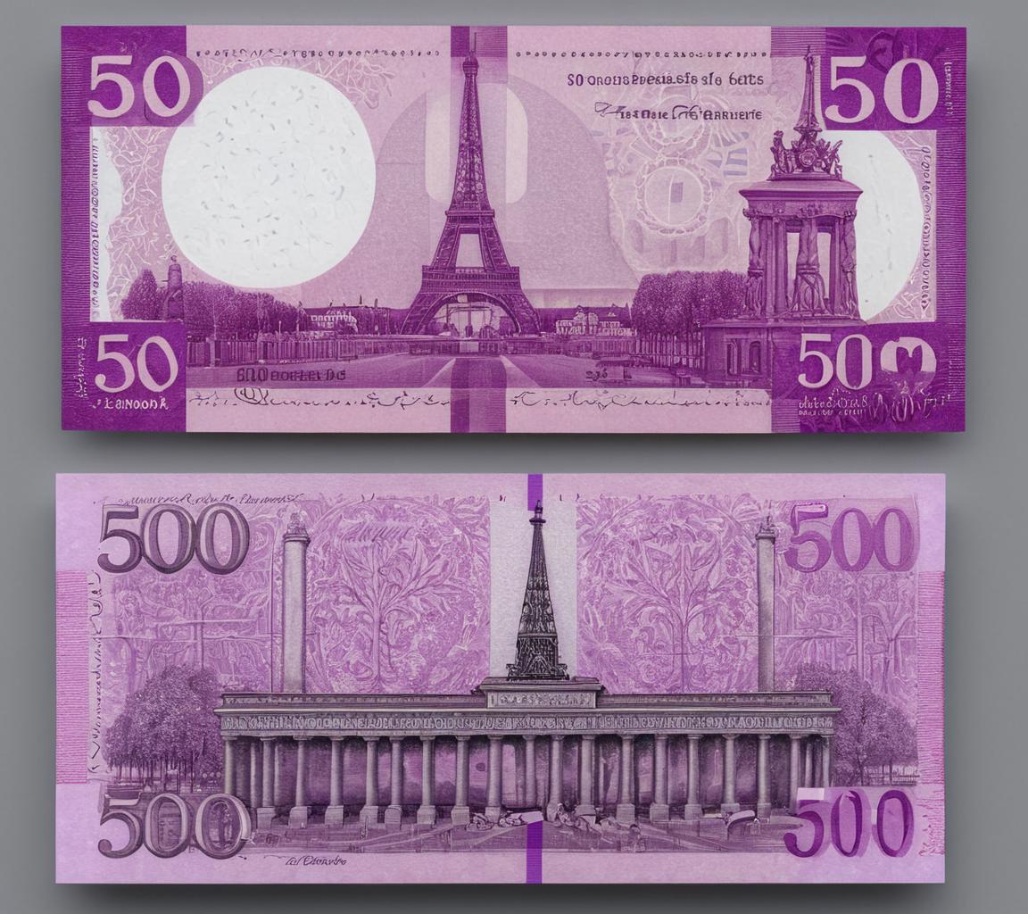 <lora:m0n3y_03XL-000010:1.0>,m0n3y style, a front and back side view, of a 500 euro denomination, with etched portrait of Eiffel Tower on the front, with the word '500' on the corners, while on the backside a drawing of (Brandenburg Gate), mauve and purple ink artwork, words '500 EURO' at the top, ornate design, intricately detailed, close-up view, realistic, hyperrealism,