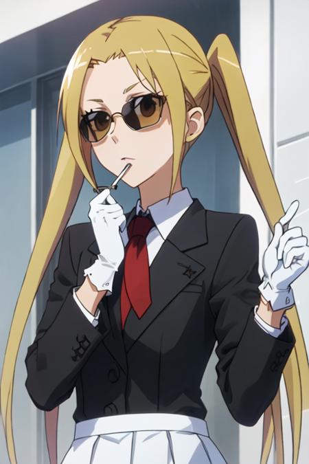 best quality, masterpiece, highres, solo, {black business suit:1.40}, {tie:1.20}, {sunglasses:1.25}, {white gloves:1.15}, {white shirt:1.10}, {black skirt:1.15}, {smoking:1.20}, handsome, {hagimura_suzu_seitokaiyakuindomo:1.15}, blonde_hair, long_hair, twintails, brown_eyes