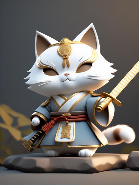 A retro cat, Hanfu, wearing a sword, 3D personification Realistic portrait, realist, light gray and brown, cold personality, writer, traveler 3D or modern art style, 3D gaming art, personification, 8K,