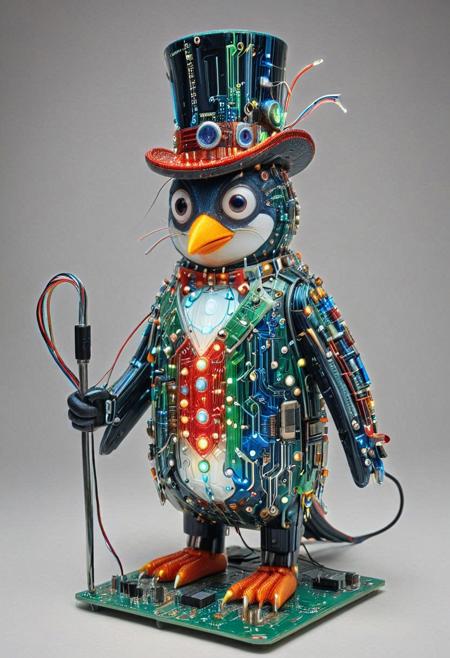embedding:lazmpos, Transistors, pcb_style, LED, colorful LED lights, RGB lights, red green and blue penguin, art deco, top hat, cane, monocle,RetroBG
