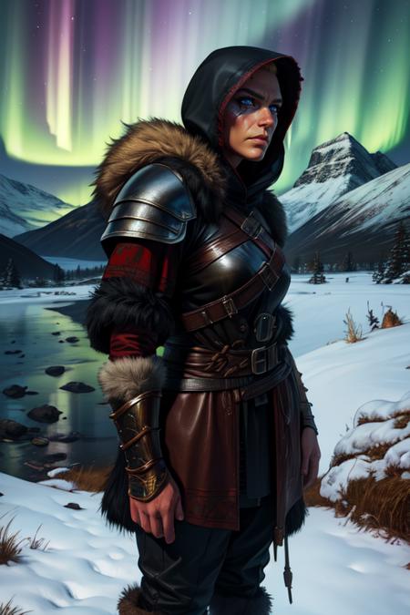 Eivor, scar on face,blonde hair,  serious, 
armor , leather armor, , fur trim,jewelry, boots, pants, hood up, 
upper body, standing, 
northern lights, mountains, cold, 
(insanely detailed, beautiful detailed face, masterpiece, beautiful detailed eyes, best quality) 
 <lora:Eivor-10v6:0.7>