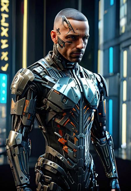 1man, city major, a powerful confident  sophisticated cyborg executive, age-45, very short hair, goatee, male, cowboy shot, imposing, full of authority,   in a stiff futuristic formal rubber  bodysuit, a tie, suit, fancy epaulets, in a cyberpunk city skyscraper science fiction room office, futuristic image
(realistic photograph, 8k resolution, tilt-shift lens:0.9)