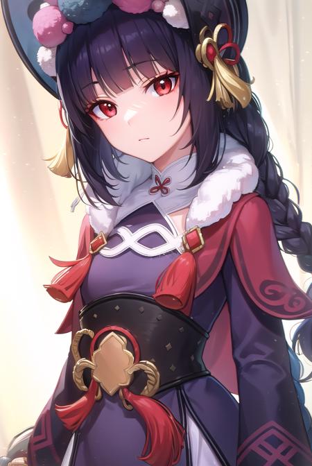 yunjin, <lora:yunjin-lora-nochekaiser:1>,
yun jin, black hair, blunt bangs, braid, eyeshadow, long hair, makeup, purple hair, (red eyes:1.5), red eyeshadow, (small breasts:1.2),
BREAK black footwear, boots, chinese clothes, fur trim, hat, knee boots, long sleeves, pantyhose, pom pom (clothes), purple pantyhose,
BREAK indoors, theater,
BREAK looking at viewer, (cowboy shot:1.5), upper body,
BREAK <lyco:GoodHands-beta2:1>, (masterpiece:1.2), best quality, high resolution, unity 8k wallpaper, (illustration:0.8), (beautiful detailed eyes:1.6), extremely detailed face, perfect lighting, extremely detailed CG, (perfect hands, perfect anatomy),