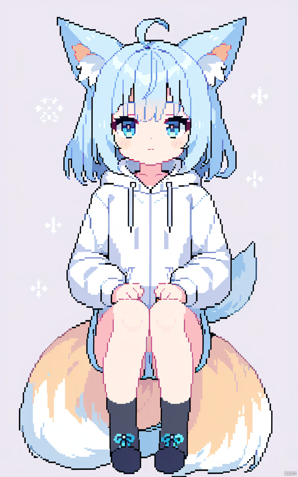 pixel art,cute fox girl, light blue hair and tail and eyes, white hoodie, black long socks, sleepy