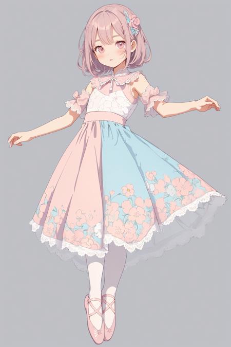 1girl, , (flat color:1.3), clear, vivid
BREAK
, girly style, lace dresses, pastel colors, floral prints, high-waisted skirts, ballet flats, delicate accessories