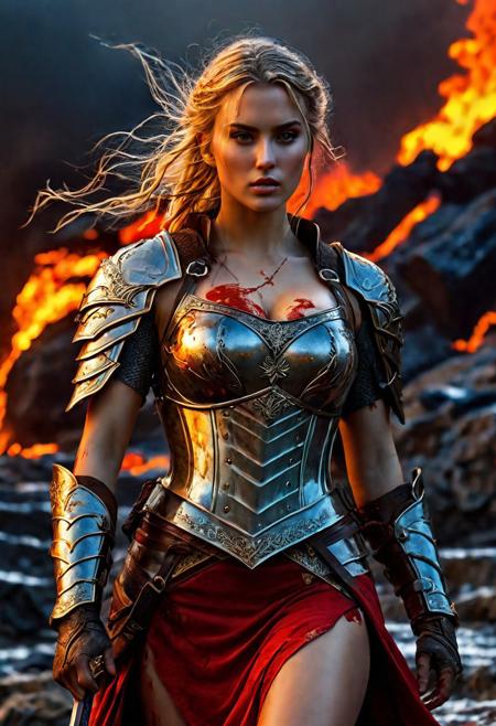 High resolution ultra-realistic of Beautiful Warrior girl, Fantasy style, 8k, capturing the intensity of the moment, dramatic lighting, standing on a bloody and stormy battlefield in a fighting pose, fire, intricately designed shining iron armor, red mini skirt, Greg Rutkowski style, LOTR Aesthetic, perfect athletic figure, beautiful Warrior girl, fire, dirty face, ultra realistic, cinematic style, athletic figure, Firm sinewy female slim dirty body, dark fantasy, covered in dirty and blood, cinematic colors Lighting, extremely detailed, 8K, wavy blonde hair, realistic dirty bloody pale face, realistic expressive dark brown eyes, Warrior girl on in iron armor, hyper-detailed, hyper-realistic, bright colours, Attractive 21 old years girl, Attractive, beautiful firm Breasts, sharp focus, digital painting, Photograph Taken on Nikon D750, Alphonse Mucha, 8K, athletic figure, Hyperdetailed, hyperrealism, Attractive, Attractive bust girl, asymmetric balance