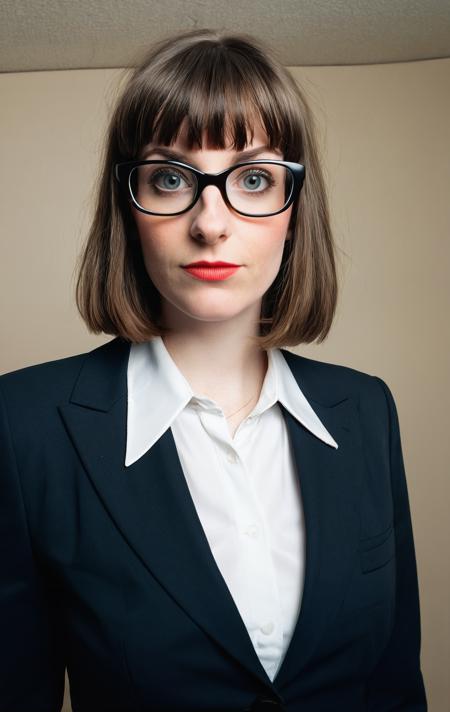 (masterpiece, y2k, Dolly zoom), 30 year old bookish chick, nerdy, brunette bob hair with blunt bangs, business suit showing cleavage, large glasses, very large breasts, stern,