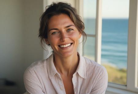 A meticulously detailed, hyper-realistic studio portrait of Olivia, a 35-year-old woman with sun-kissed skin and bright green eyes. She has a slim, oval, delicately contoured face with high cheekbones, a narrow jawline, and a subtle V-shaped chin. Her wavy, short-length light brown hair is casually tousled, framing her naturally beautiful face. Her skin has realistic texture: visible pores, soft natural wrinkles, gentle laugh lines, and minor imperfections that enhance authenticity. She wears a lred button up shirt an a warm, genuine smile with slightly imperfect teeth. She seats in a warm living room, facing the sunset, and ocean,through a Bow White Wooden window, captured with an 85mm lens at f/4, with natural color grading and an unedited RAW film look — inspired by Kodak Portra 400. No makeup retouching, no plastic effect, no artificial smoothing.