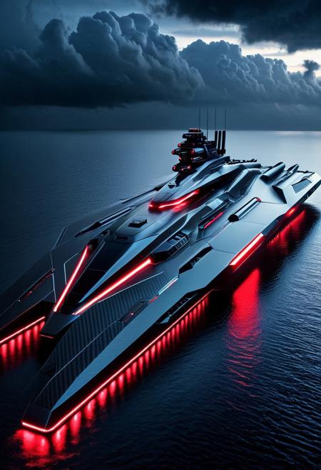 A massive futuristic battleship made entirely of carbon fiber, floating on dark, misty waters at dusk, detailed carbon fiber weave texture covering the hull, sleek and angular design, reflective black surface with glowing red and blue lights along the edges, high-tech antenna arrays and radar domes, cyberpunk style atmosphere, storm clouds in the background, dramatic cinematic lighting, ultra-detailed, 8k resolution, surreal sci-fi naval engineering aesthetic, cf_style