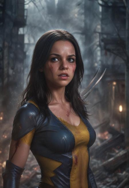 High resolution ultra-realistic of Beautiful Laura Kinney/X-23, cinematic lighting, MCU style, ultra realistic, 8K, fighting stance, X-Men style, standing among the ruins of buildings, Greg Rutkowski, Intricately Designed bloody dirty face, wavy black hair, Realistic beautiful brown eyes, gazing straight ahead, Atrractive 21 years old Dafne Keen as X-23 woman, realistic modern combat X-Men costume, dirty, bloody, beautiful firm Breasts, defiant and seductive, X-Men style, Marvel style, MCU sci-fi style, Superheroine, Standing in the middle of a dark dirty street on the City, sharp focus, digital painting, Photograph Taken on Nikon D750, Alphonse Mucha, 8K, athletic figure, Hyperdetailed, hyperrealism, aesthetics reminiscent of X-Men, Attractive, Attractive bust girl, asymmetric balance