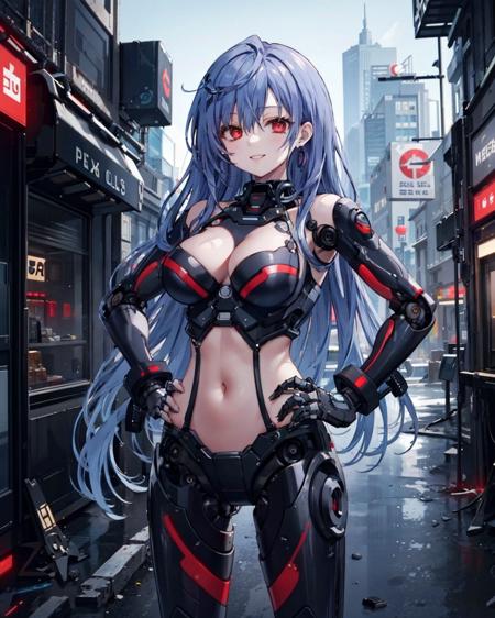 1girl,solo,large breasts, 
cyberpunk,outdoors,ruins,cityscape, red eyes, very long hair, 
<lora:T88[mecha musume, mechanical parts, robot joints,android,mechanical body,headgear]:0.7>,
mecha musume, mechanical parts, robot joints,android,mechanical body,
standing, cowboy shot, smile, hand on hip,<lora:IrisHeart:0.7>,irisx,jacket,