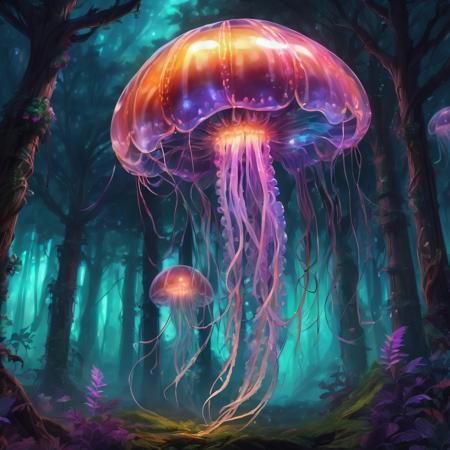 A large glowing jellyfish hovering in a forrest.
Very detailed, multi colored, electrical tentacles, fantasy world, 
Moonlight, glowing vines hanging from trees