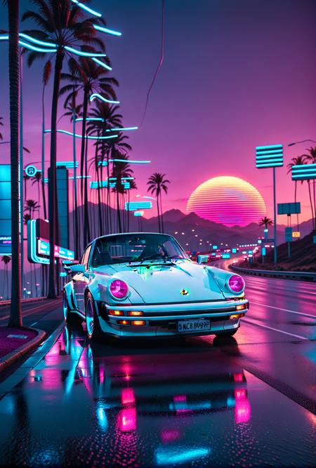 cinematic film still 80s synthwave, retro-futuristic, a classic white Porche 911 1980s sports car speeding around a neon-lit curve on a highway, with glowing palm trees lining the road. The scene is captured from a low-angle shot, emphasizing the sleek design and vibrant colors of the car, reflecting off the wet asphalt. The background features a neon sunset with horizontal lines, characteristic of the synthwave aesthetic, in vivid hues of pink, purple, and blue. The image is highly detailed with dramatic lighting, creating a sense of speed and motion. The artwork has a vaporwave vibe, combining retro and futuristic elements with bold, electric colors and a minimalist, sticker-like style on a white background. The atmosphere is surreal and cinematic, with sharp contrasts and intense glow effects, reminiscent of 80s digital art. This 3D render, illustration, is crafted with high resolution, capturing the essence of a synth wave cityscape in extreme detail and dynamic composition. 8k resolution with a focus on vibrant neon and striking details, evoking a nostalgic yet futuristic feel. <lora:FluxCyberpunkAnimeStyle.safetensors:1.0>, cyberpunk, anime,  . shallow depth of field, vignette, highly detailed, high budget, bokeh, cinemascope, moody, epic, gorgeous, film grain, grainy