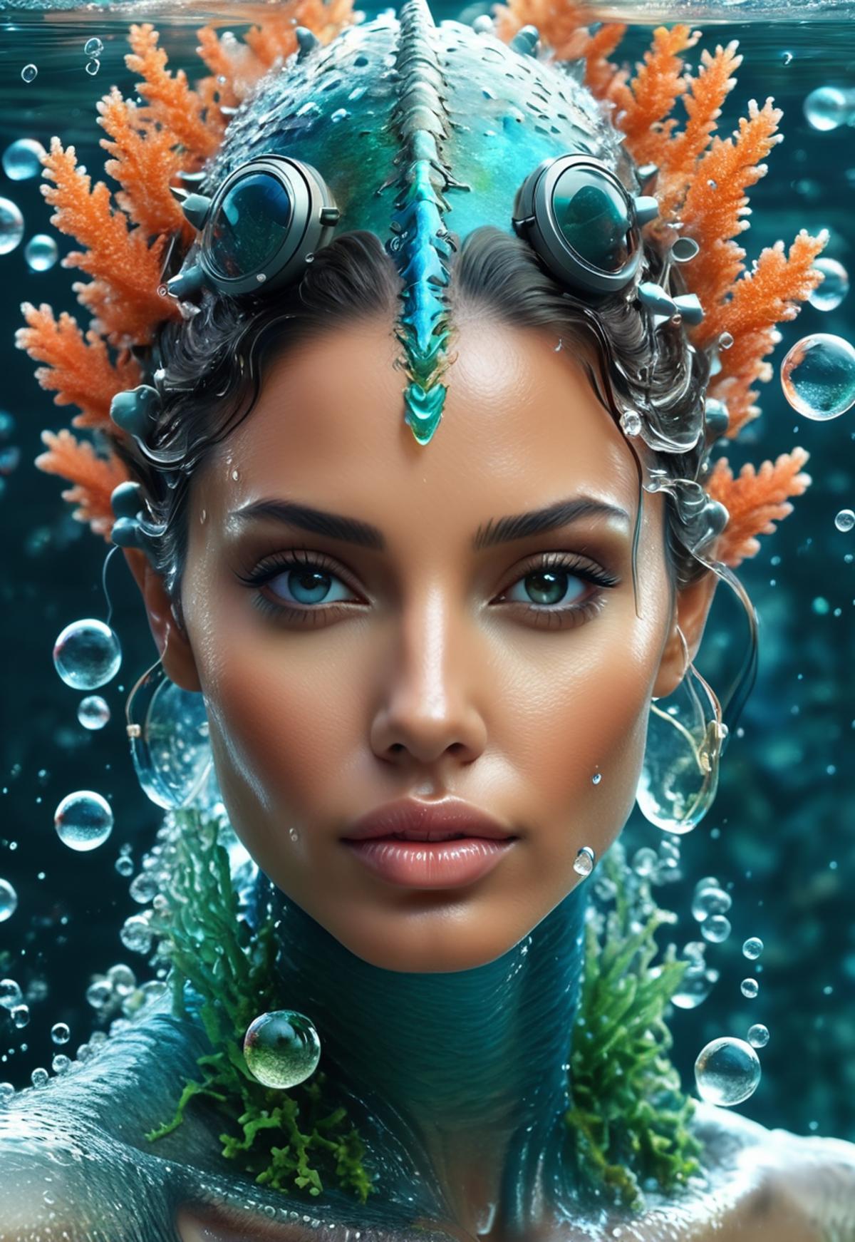 isometric style character 3D, 1 water monster woman,agelina jolie,  thousand corals and moles grow on neck and face, sci-f...