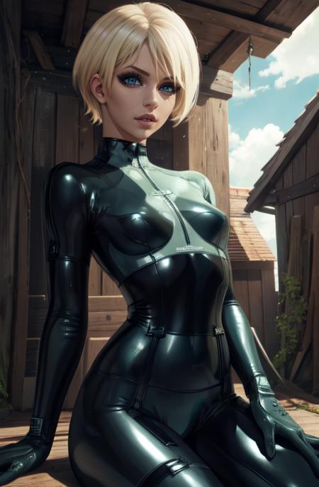 laingocpus,short hair,lips,blue eyes,blonde hair, tan bodysuit, skin tight, gloves, latex, small shack, 
sitting, 
(insanely detailed, beautiful detailed face,beautiful detailed eyes, masterpiece, best quality) 
 <lora:laughingoctopus-10v7:0.7>