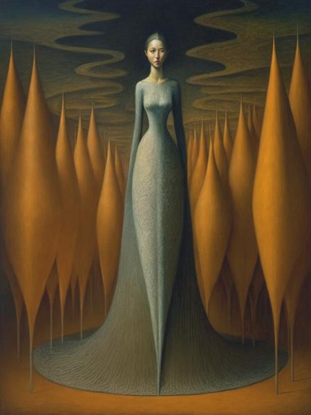 <lyco:RemediosVaro:1.0> a beautiful woman's full body shot, openly, clear skin in sight, abstract, fractals, thick impasto, impressionism, cinematic perspective, wide strokes, muted colors, oil painting by remedios varo