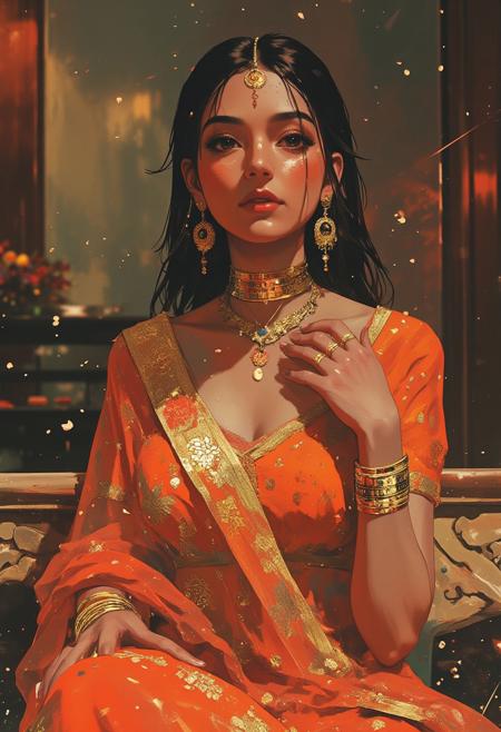 This is a high-resolution photograph of a South Asian woman of Indian ethnicity with a light to medium skin tone. She is wearing a traditional Indian bridal outfit consisting of a deep orange fabric covered in gold embroidery forming floral and geometric patterns. A long, transparent dupatta with gold threadwork is draped over her shoulders and arms.
Her dark hair is long, styled in loose waves over her shoulders. Her face is adorned with detailed gold jewelry: a large hoop nose ring attached by a chain to her left earring, multiple layered gold necklaces, large circular gold earrings, a small red bindi on her forehead, and a gold maang tikka resting on her center part. Her lips are painted deep red.
Her right hand is raised near her face, displaying gold rings on her fingers and a thick gold bracelet on her wrist.
The background is blurred, with visible carved wooden furniture and soft warm lighting. The setting is an indoor space decorated in traditional Indian style. The composition focuses on the woman, emphasizing the luxurious detail of her clothing, jewelry, and poised expression.