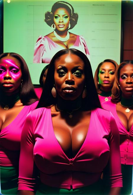 ()Hyoer Realistic:2.0)Polaroid picture of 
a hyper realistic Movie Still of (80 years old ((busty:1.3)) (((african american))) women) 
 of a group of stern, suited College Board of Trustees (Standing exposing large breasts ), their (possessed glowing eyes:1.70) glazing over as they fall under the hypnotic spell of a circle of Alpha Kappa Alpha Sorority Sisters.
The  (80 year old busty african american sorority sisters standing in front of the Board, resplendent in their pink and green attire:1.85) , gaze intensely at the trustees, their hands weaving intricate patterns in the air as they chant in unison.( The trustees' faces slacken, their pupils dilating as they succumb to the sisters' mesmerizing power:1.65)
(In the background, a giant budget spreadsheet displays a rapidly increasing total, the numbers spinning wildly out of control as the trustees, now completely entranced, nod in unison to allocate infinite funds to the Greek Life budget.:2.00) (Capture the surreal, mind control::2.80)
(her deeply pigmented ebony skin), (big hard nipples:1.30), (the largest macromastia tits), (extremely colossal boobs:2.6), (ultra busty hyper bimbo), (flawless boobs), (oiled nipples), (giant large dark areolas), (giant large black areolas), (very large and round areolas ), (giant areolas completely covering the breasts), (stiff long nipples),