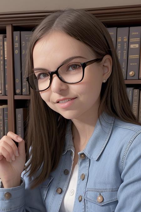 a photo of AM096_Carre, 25 years old woman in (thick frame glasses) weared (long-sleeve shirt and jacket:1.2) sitting at the table in the library, pretty face, close up, <lora:LowRA:0.3>, (intricate details:0.9), (hdr, hyperdetailed:1.2), (natural skin texture, hyperrealism, soft light, sharp)