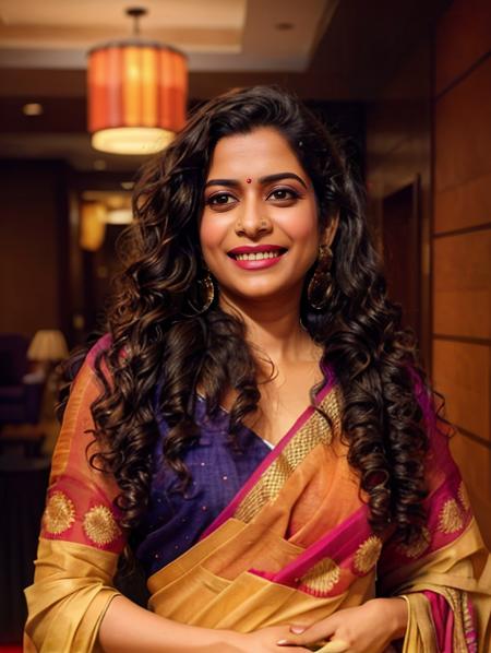 hires full body photo of a mipa woman,  realistic skin texture, looking  at camera, solo, colorful (marathi_saree:1.2), smiling, in hotel lobby, beautiful bokeh   <lora:mipa_Mithila_Palkar_SD15_LoHa:0.8>