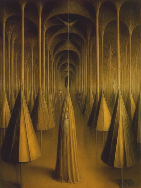 <lyco:RemediosVaro:1.0> 190 / 5,000 Translation results Translation result create an oil painting in the style of Remedios Varo of a room full of mirrors and human figures of girls of different ages that come out of the mirrors, walk through the room