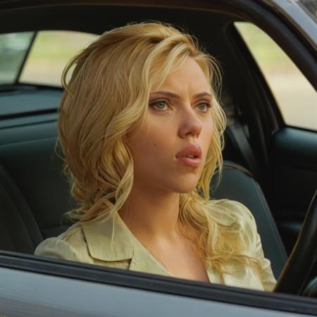 scarlett johansson, side shot, in a car, blonde <lora:scarlettjohansson:1>