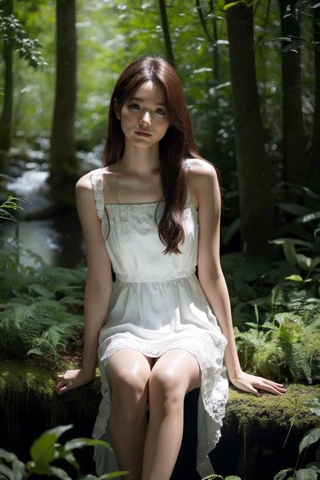 (realistic), (hyperrealism),best quality, masterpiece,ultra high res, (photorealistic),1girl,(looking at viewer),  forest,<lora:makina69_asakurayu_v1.0:1>,
white dress