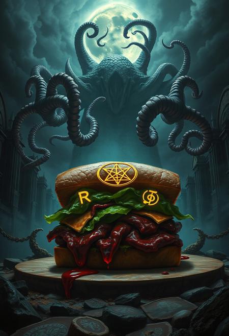 Lovecraftian horror, dark and twisted, eerie atmosphere, broodwich, ancient cursed sandwich, eldritch symbols, tentacles emerging, otherworldly glow, gothic ruins, ominous sky, dark shadows, cosmic horror, cursed artifact, unsettling presence, surreal, detailed textures, dark fantasy, horror elements, unsettling colors, grotesque, cursed object, blood-red meat, glowing sigils, incomprehensible terror, high resolution, ((masterpiece)), twisted humor