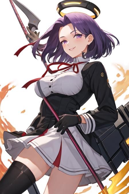 best quality, masterpiece, highres, solo, {tatsuta_kantaicollection:1.15}, purple_hair, purple_eyes, short_hair, mechanical_halo, halo, smile, breasts, large_breasts, 1girl, black_gloves, glaive_\(polearm\), gloves, holding, holding_weapon, long_sleeves, neck_ribbon, red_ribbon, ribbon, simple_background, weapon, dress, parted_lips, polearm, looking_at_viewer, hair_intakes, white_background, yellow_background