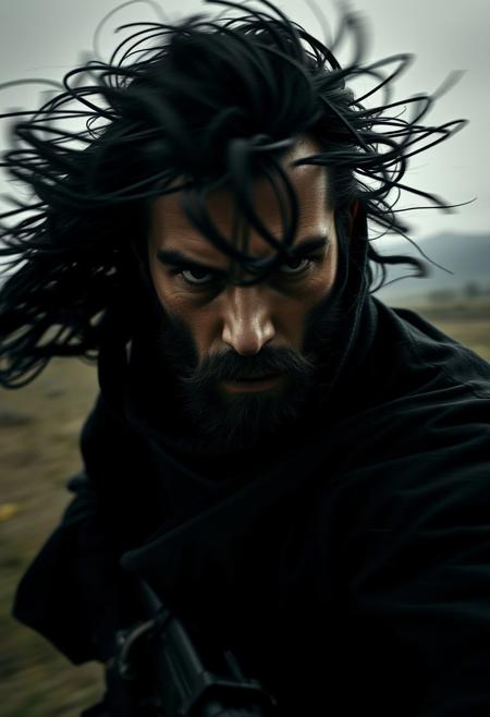 Intense jet black dynamic cinematic portrait in motion. Surreal realism style, blurred lines, action poses, deep shadows, pure black, moody atmosphere, pastoral landscapes and futuristic elements. Historical fantasy setting.