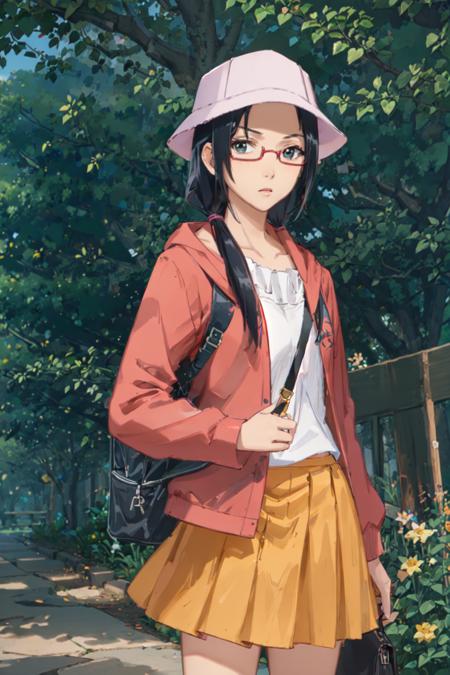 (masterpiece, best quality:1.2), <lora:beelzebub_kunieda-10:0.7>, cowboy shot, solo, 1girl, kunieda aoi \(casual\), expressionless, closed mouth, blue hair, hat, glasses, semi-rimless eyewear, under-rim eyewear, pink jacket, yellow skirt