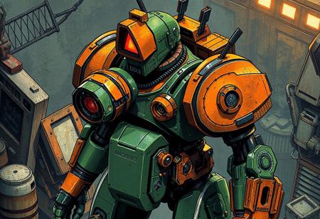 Steampunk Ancient Gear bot soldier, green & orange, junk box setting. Cylindrical body, triangular head, antennae. Red eyes, tilted head. Isometric, dynamic pose. Splash ink illustration, octane render, Unreal Engine 5, Raphael style. Cinematic lighting, trending on Artstation, ArtstationHQ, CGSociety. 4k, highly detailed, golden ratio.