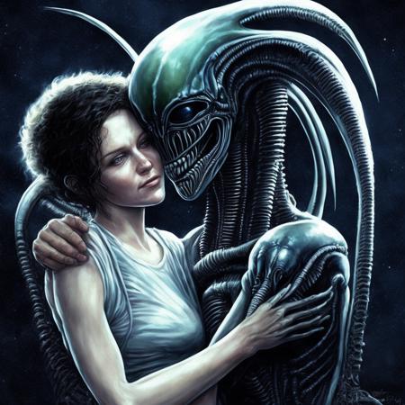 an alien xenomorph hugs ripley