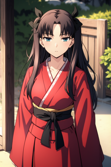 rin, blue eyes, brown hair, long hair, two side up, parted bangs, black hair ribbon red sweater, long sleeves, turtleneck, cross print, black skirt, pleated skirt, miniskirt, black thighhighs