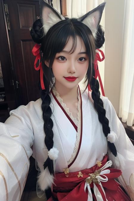 ultra-detailed,highly detailed,best quality,masterpiece,illustration,realistic,
hutao, 1girl, solo, animal ears, cat ears, realistic, black hair, braid, japanese clothes, lips, ribbon, looking at viewer, brown eyes, bow, long hair, upper body, black eyes, twintails, hair ornament, hair bun, bell, parted lips, smile, double bun, hanbok, korean clothes, twin braids, animal ear fluff, brown hair, lace, hair ribbon, long sleeves, kimono, teeth, bangs, tassel, lace trim, tdnm
 <lora:hutao_tdnm_v2_03:0.8>