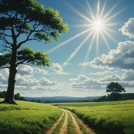 cinematic film still of  <lora:Golgo13 style v1:0.9>
A cartoon of a painting of a field with a sky background, adult manga style, outdoors, sky, day, cloud, blue sky, tree, no humans, sunlight, grass, cloudy sky, scenery, nature, light rays, road, field, sunbeam, landscape, path, forest, chiaroscuro, shallow depth of field, vignette, highly detailed, high budget, bokeh, cinemascope, moody, epic, gorgeous, film grain, grainy